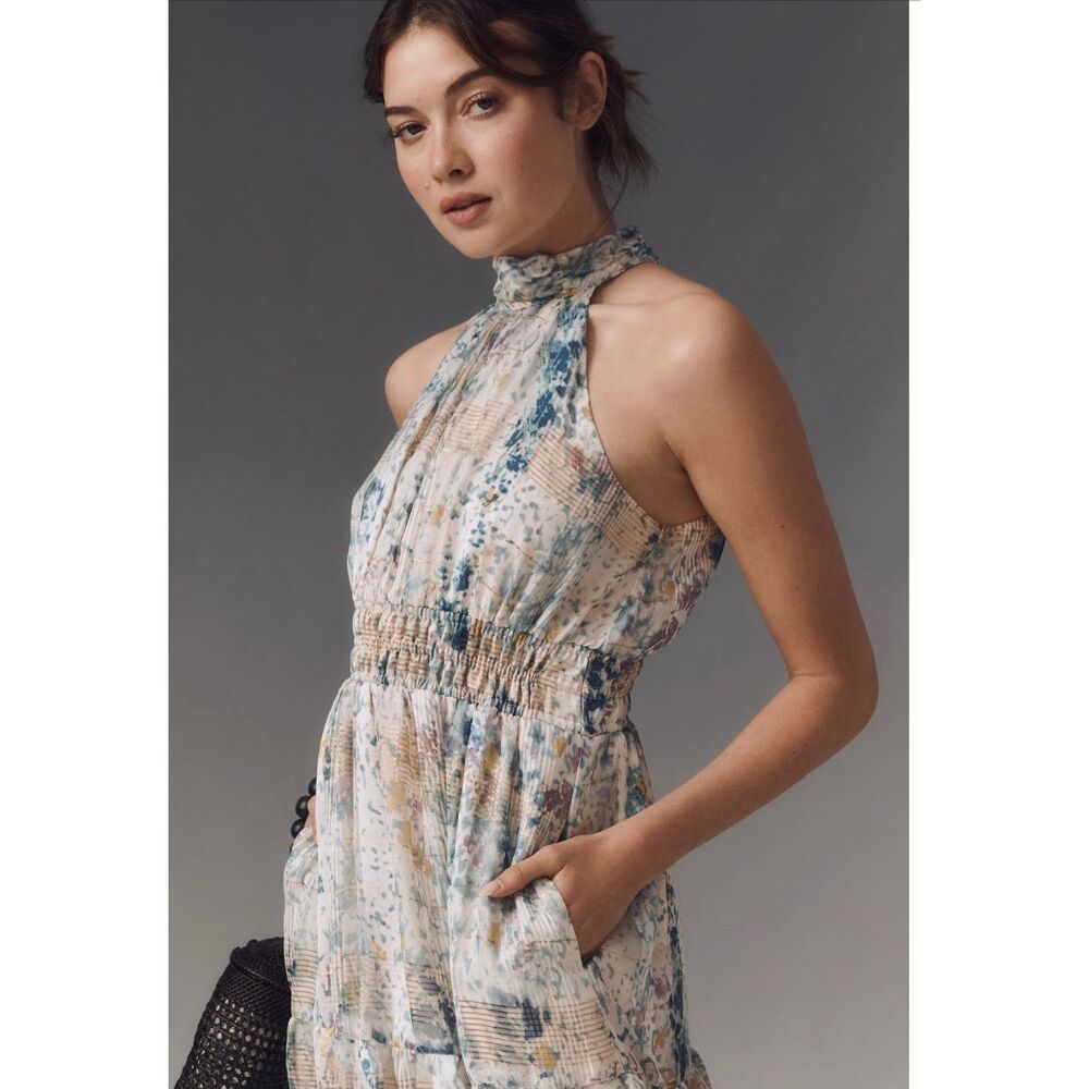 Anthropologie Sz M Somerset Maxi Dress Halter Edition Shimmer Blue - Picture 5 of 13